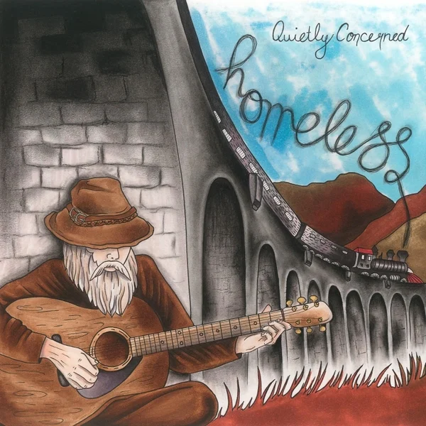 Homeless EP cover. A drawing of a bearded man in a brown hat playing an acoustic guitar against a brick wall, beside a stone viaduct with a steam train crossing it. The title is written in looping handwriting across a blue sky.